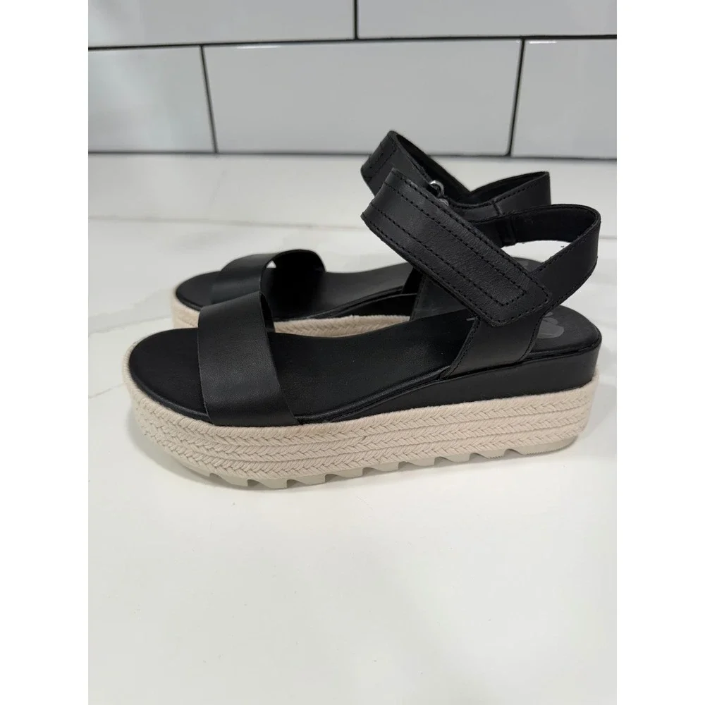 Sorel Cameron Flatform Espadrille Sandals Black Leather Platform Womens
